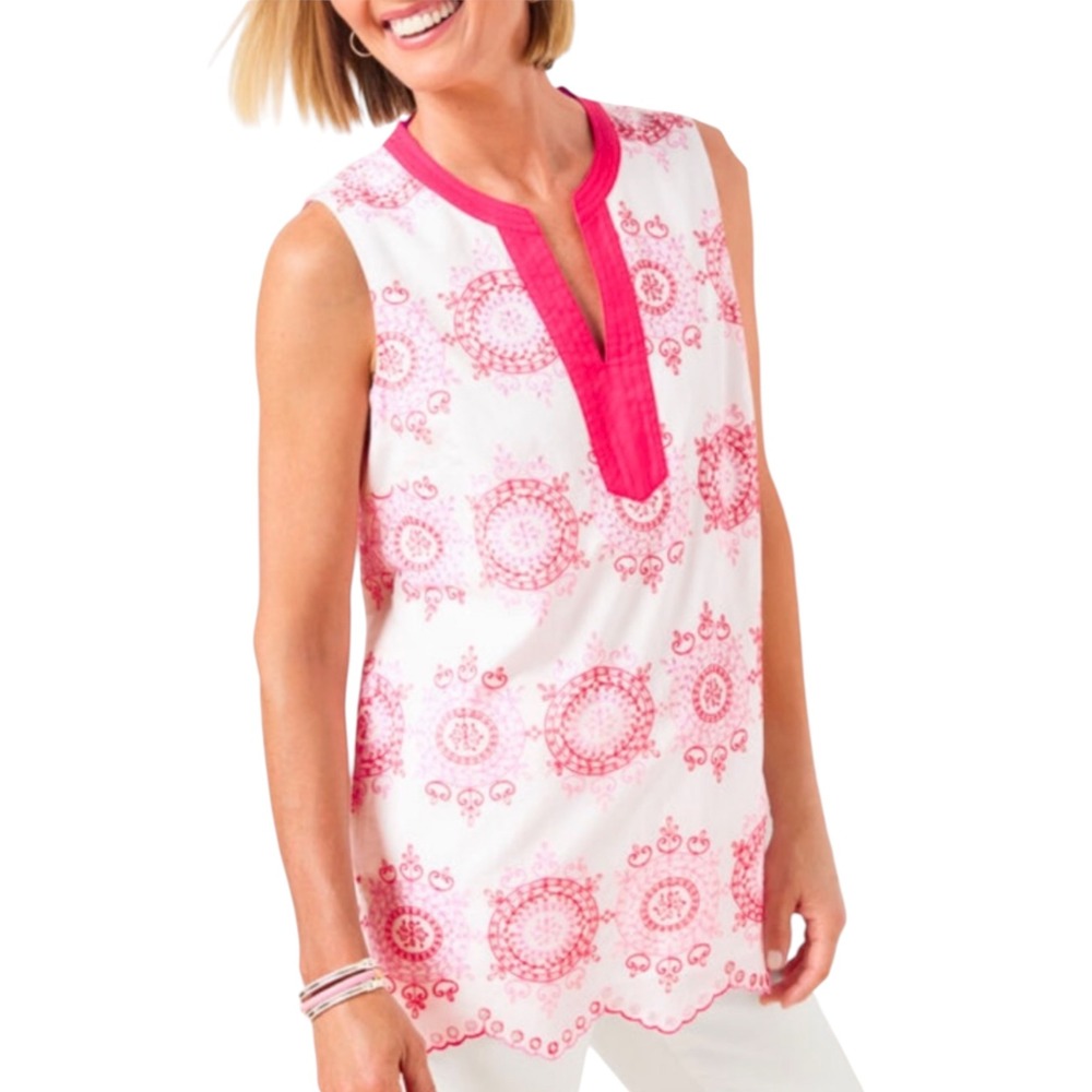 TALBOTS Embroidered Tunic Shell White Pink Medallion Sleeveless Size Petite P